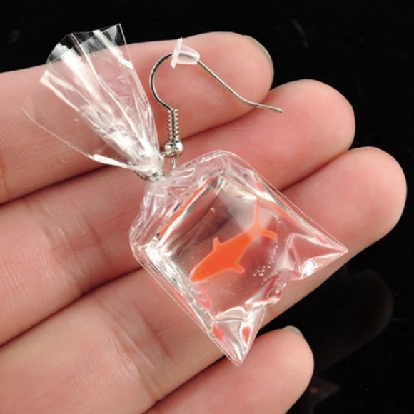New, goldfish in water bag dangle earrings - Picture 2 of 5